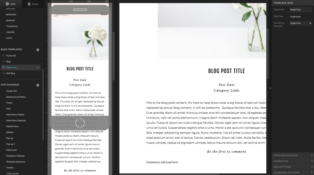 screenshot of single blog post design in showit