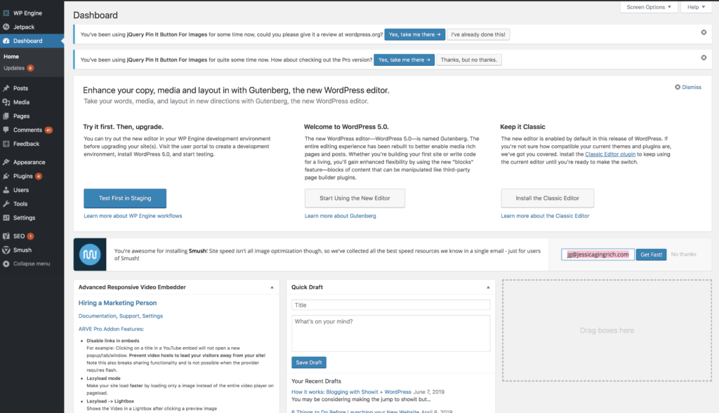 screenshot of wordpress dashboard