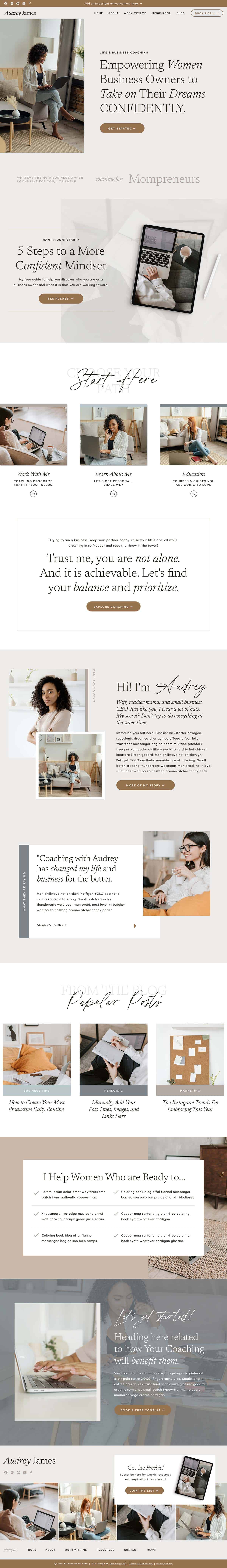 Screenshot of the Audrey James Showit Template Homepage designed by Jessica Gingrich