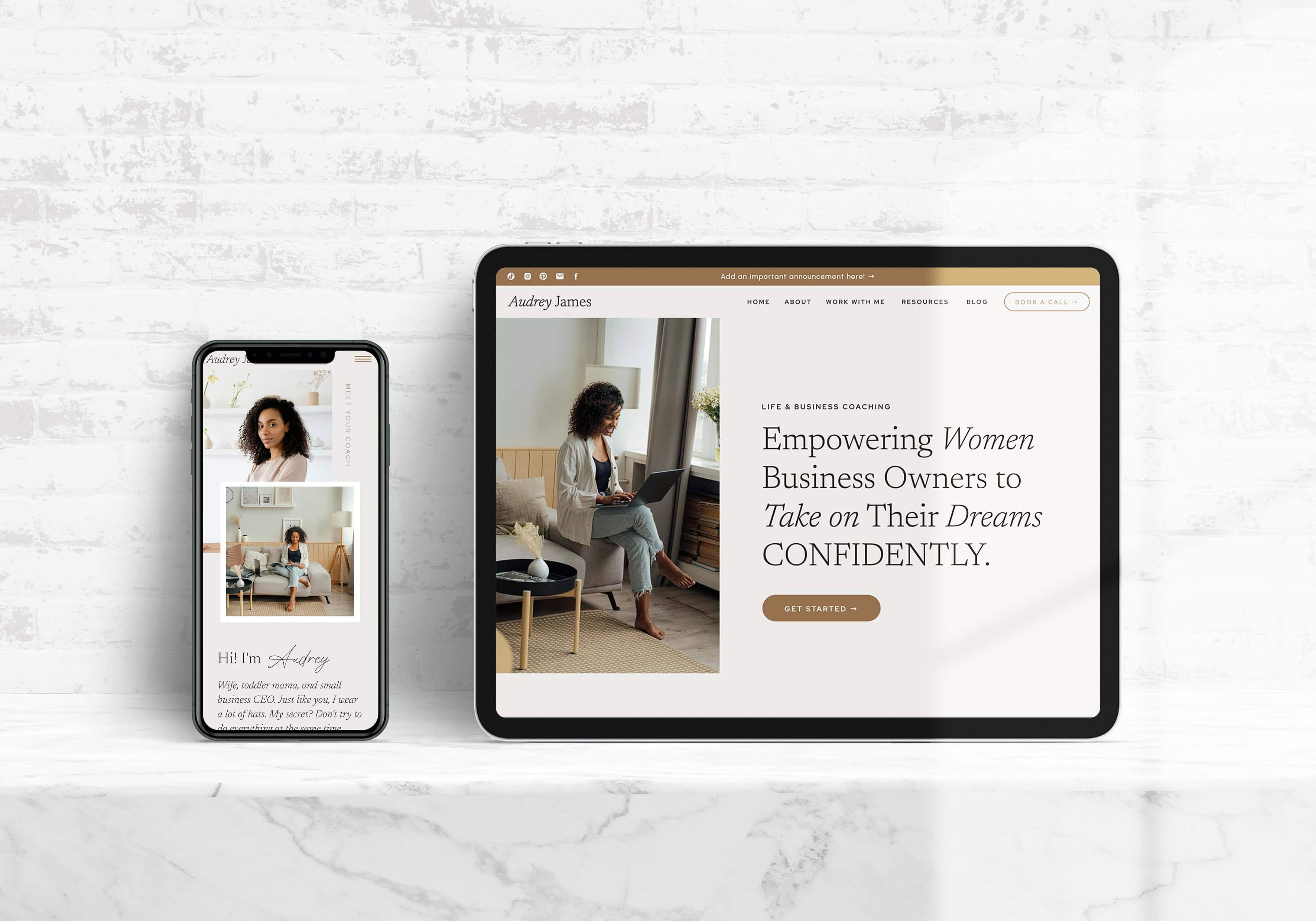 iPad and iPhone Mockup of the Audrey James Showit Template designed by Jessica Gingrich